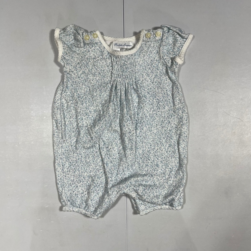 Ralph Lauren Baby Girl Blue Floral Smocked Ruffle Romper 3M Preppy Heritage